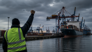 Port worker raises a fist at a container terminal during a 24-hour warning strike affecting six German seaports.