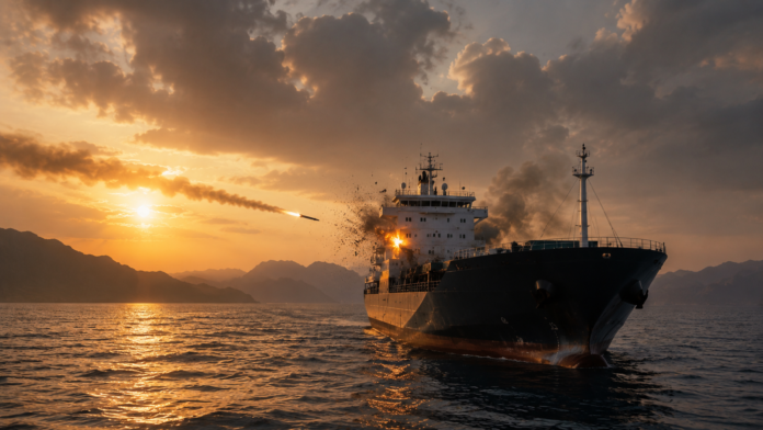 Cargo vessel struck by a projectile while transiting at sea, with an explosion and smoke visible near the ship’s superstructure.