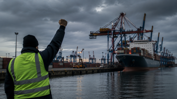 Port worker raises a fist at a container terminal during a 24-hour warning strike affecting six German seaports.