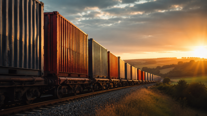 Freight train carrying shipping containers travels through the UK countryside at sunset.