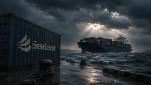 SeaLead-branded container at a stormy port with a containership at sea, illustrating the carrier’s path from expansion to liquidation.