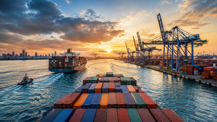 Container ships sailing through a busy container terminal at sunset, with gantry cranes and stacked containers along the waterfront.