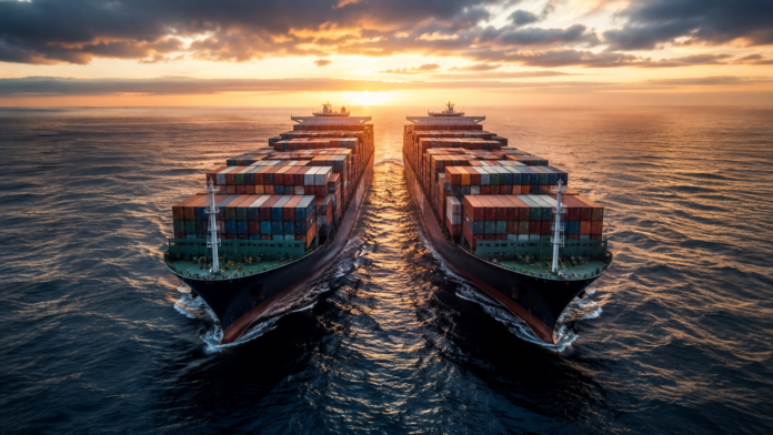 Cinematic aerial view of two container ships sailing side by side at sunset, symbolizing network strength and consolidation in shipping mergers.
