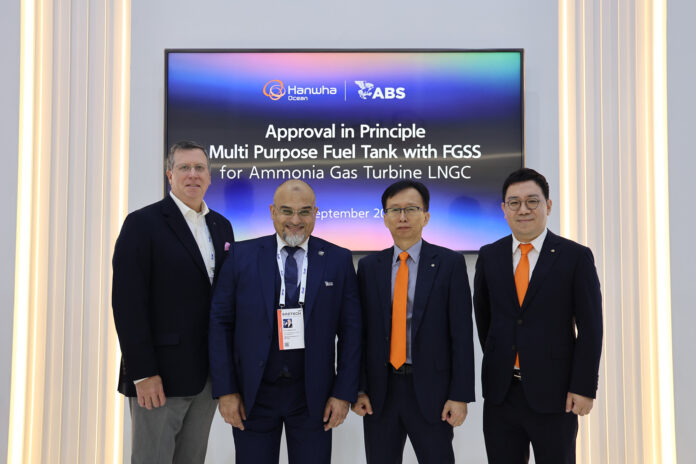 (L to R): Matthew Tremblay, ABS Senior Vice President, Global Offshore Markets; Rostom Merzouki, ABS Vice President, Global Sustainability; John Ki Lim, Hanwha Ocean General Manager and Team Leader of Commercial Vessel Development team; and Dong Kwon (Duke) Lee, Hanwha Ocean Senior Vice President and Head of Basic Performance R&D Center.