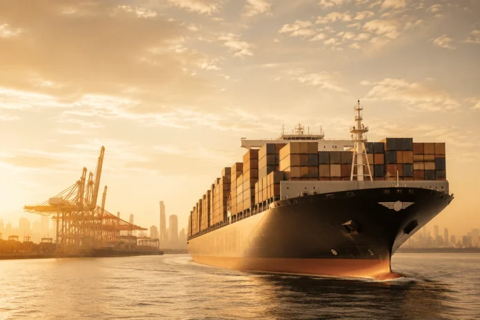 Container ship sailing past a container terminal in warm golden light, illustrating the August surge in container shipping stocks.