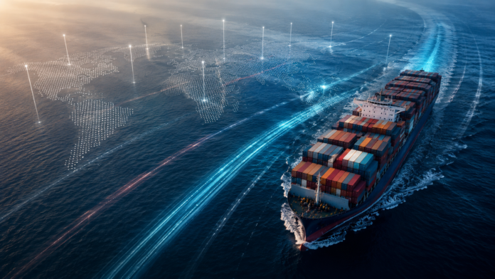 Container ship sailing across the ocean with digital global shipping routes and a world map illustrating containership fleet expansion and new capacity.