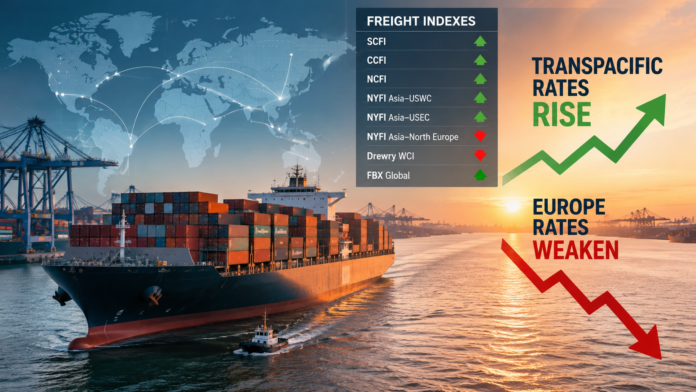 Container ship at port with global trade routes and freight rate charts illustrating stronger Transpacific rates and weaker European rates.