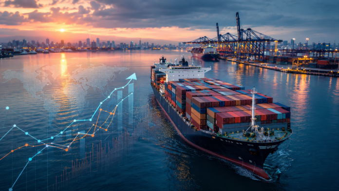 Container ship sailing near a busy container terminal with digital market charts illustrating containership charter activity and rate trends.