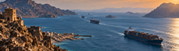 Container ships sailing through the Bab el-Mandeb Strait near Yemen amid heightened maritime security concerns.