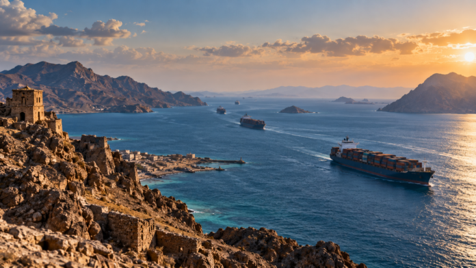 Container ships sailing through the Bab el-Mandeb Strait near Yemen amid heightened maritime security concerns.