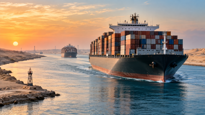 Container ships transit the Suez Canal as carriers gradually restore East-West services to the Red Sea route.