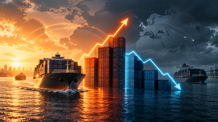 Container ships and freight rate charts illustrating rising Transpacific rates and declining Asia-Europe rates.