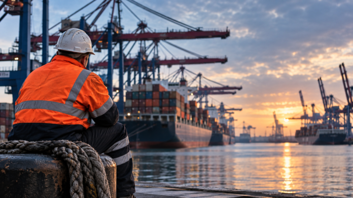 Port worker overlooking container ships and cranes at a German seaport amid an escalating wage dispute and potential strike action.
