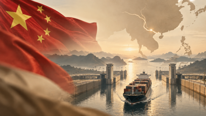 Chinese flag overlooking a container ship navigating a canal, illustrating the opening of China’s Pinglu Canal and its new shipping links to the Beibu Gulf and ASEAN.