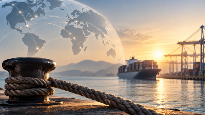 Readers Speak: Global access leads shipping resilience priorities Cinematic maritime scene with a mooring rope, container ship and port beneath a connected global network, illustrating the importance of global access and port capacity for shipping resilience.