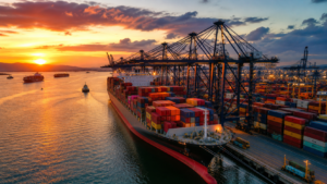 Container ship at a busy container terminal as carriers adjust capacity ahead of China’s Golden Week.