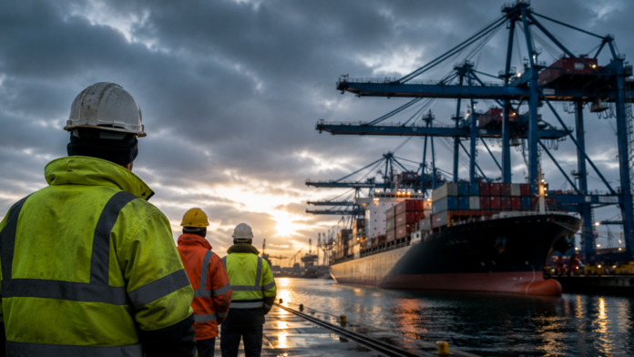 German port workers overlooking a container ship and cranes at a major seaport amid an ongoing wage dispute.