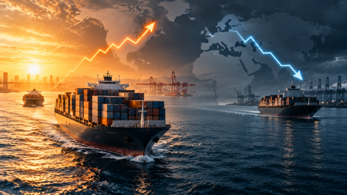 Transpacific rates surge as Europe falls further Container ships on global trade routes with contrasting freight rate trends, showing rising Transpacific rates and declining Asia-Europe rates.