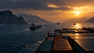 Container ships navigate a strategic Middle East maritime corridor as regional disruption creates new layers of shipping costs and operational complexity.