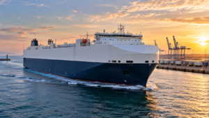 Large modern RoRo vessel sailing near a European port terminal, illustrating CLdN’s fleet expansion with new 6,700 lane-metre ships.