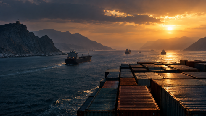 Container ships navigate a strategic Middle East maritime corridor as regional disruption creates new layers of shipping costs and operational complexity.