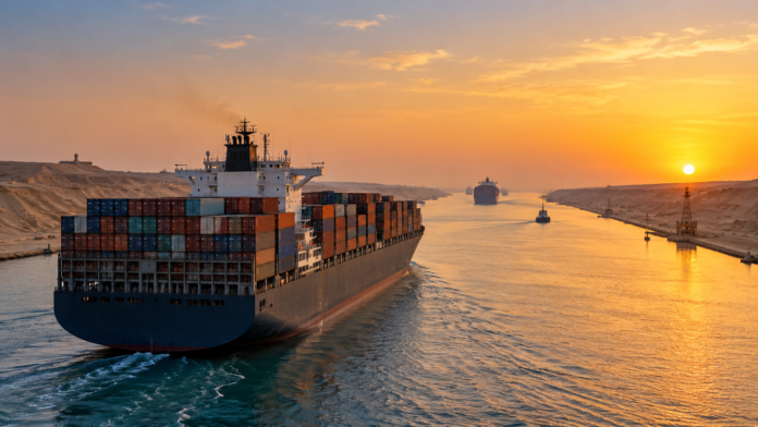 Container ship transiting the Suez Canal as shipping services gradually return to the route.