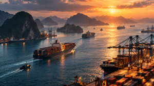 Container ships navigate a busy regional port network as shifting trade patterns drive greater connectivity across emerging markets.