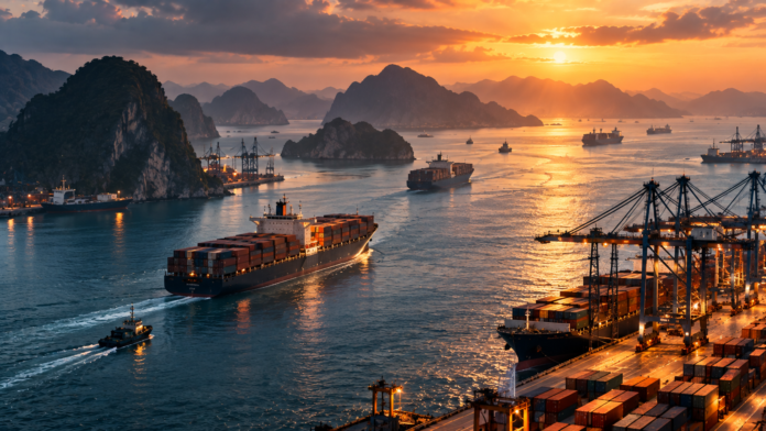 Container ships navigate a busy regional port network as shifting trade patterns drive greater connectivity across emerging markets.