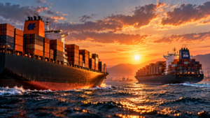 Hapag-Lloyd and ZIM container ships sail near a major port as the carriers advance their proposed US$4.2 billion acquisition deal.
