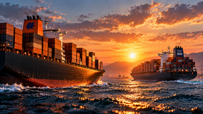 Hapag-Lloyd and ZIM container ships sail near a major port as the carriers advance their proposed US$4.2 billion acquisition deal.