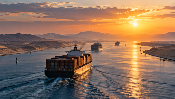 Container ships transiting the Suez Canal at sunset, illustrating the gradual return of carrier services and growing shipping traffic through the route.