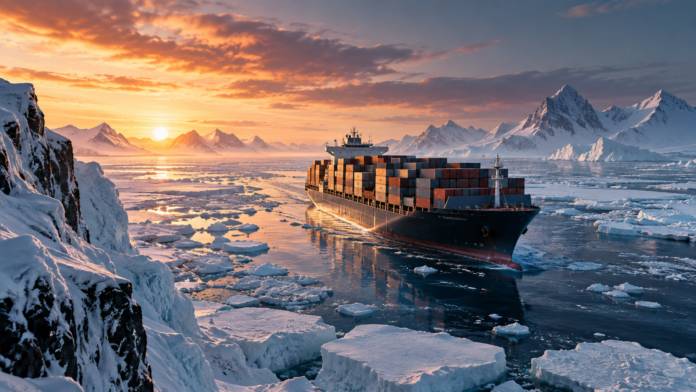 Cinematic container ship navigating through Arctic waters surrounded by sea ice and snow-covered mountains, illustrating the debate over the Arctic’s future as a major container shipping route.