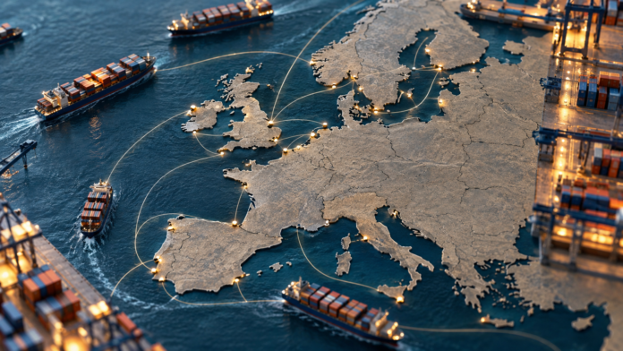 CMA CGM’s European container network represented through interconnected shipping routes, ports and container vessels across the continent.