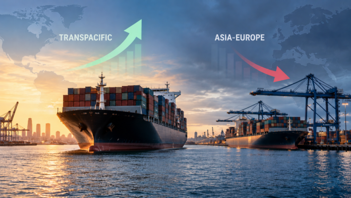Freight rate divide widens between Transpacific and Europe Container ships at a global port with freight rate indicators showing stronger Transpacific rates and weaker Asia-Europe rates.