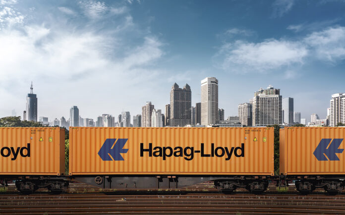 Hapag-Lloyd container is pictured at a loading terminal in the port of Hamburg Germany