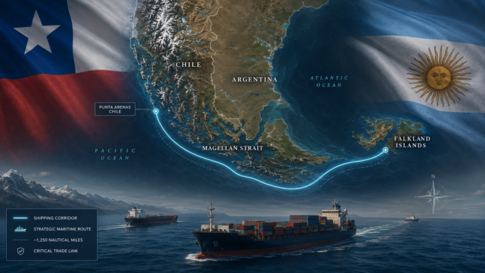 In November, a Chilean shipping company plans to run a direct, scheduled cargo service between the Chilean mainland and the Falkland Islands.