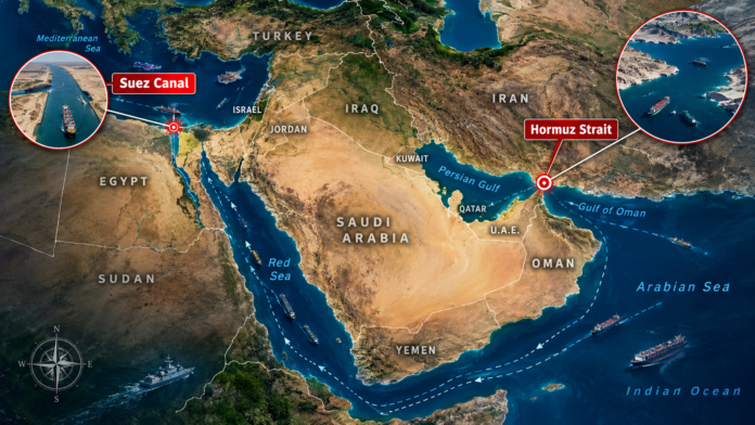 The Suez Canal and Hormuz have been analyzed as separate problems: one sensitive to Red Sea security, the other sensitive to Iranian behavior.