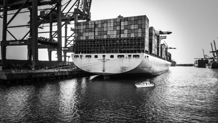 Container ship black and white photo