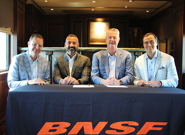 spearpoint-release-sept-2026-650px From left, BNSF EVP and CMO Tom Williams, Spearpoint Logistics COO Chad Battisti and CEO Richard Miller, and BNSF Group VP Consumer Products Jon Gabriel on the recent customer train trip to Barstow