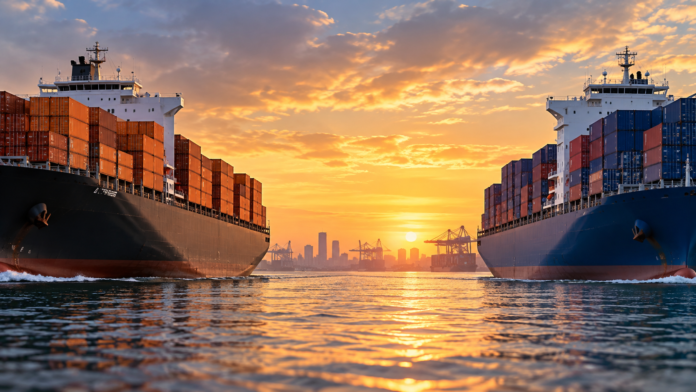 Two container ships at a port, representing Hapag-Lloyd and ZIM amid ongoing acquisition talks.