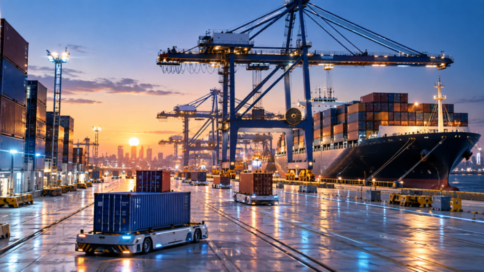 Automated container terminal with cranes, autonomous vehicles and a container ship, representing AI, robotics and supply chain innovation.
