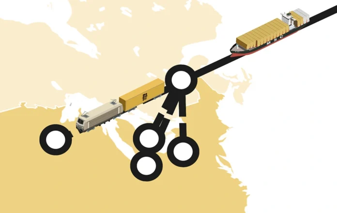 Illustration of an MSC container ship and truck moving cargo through Canadian gateways into the US Midwest.