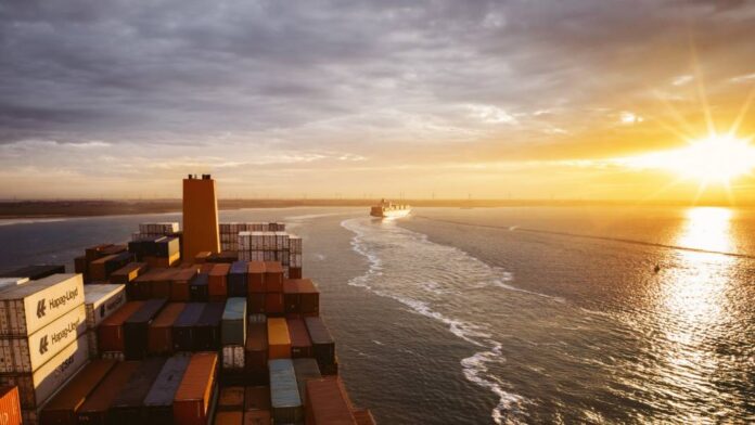 Hapag Lloyd vessel in the sunset