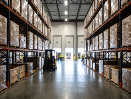 Pallet racking and open dock doors inside a distribution warehouse
