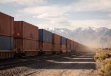 How Utah’s Inland Port Is Changing Where Containers Get Unloaded and Stored Double-stacked containers on railcars at an inland rail terminal