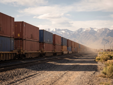 Double-stacked containers on railcars at an inland rail terminal