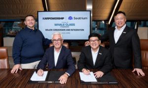 Representatives from Seatrium and Karpowership at the contract signing ceremony for a series of Whale Class Powership conversion and integration projects, marking a new milestone in the companies' longstanding partnership. From left to right – Mr. Orhan Remzi Karadeniz, Chief Executive Officer, Karpowership, Mr. Gokhan Kocak, Chief Technical Operations Officer, Karpowership, Mr. Alvin Gan, Executive Vice President, Repairs & Upgrades, Seatrium, and Mr. Chris Ong, Chief Executive Officer, Seatrium. Photo Credit: Karpowership