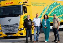 DHL Freight deploys electric truck on Netherlands–Belgium routes From left to right: Richard Barelds, driver of the new SuperPanther truck; Arjan van Weelden, Carrier & Sustainability Manager DHL Freight Netherlands; Heidi van Eldik, CEO DHL Freight Netherlands & Belgium; and Arwin Altig, Head of the DHL Freight Terminal in Houten.