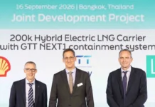 Lloyd’s Register, Shell and GTT explore hybrid-electric LNG carrier design (L-R) Stephen Brown, Technology Manager, Shell; Francois Michel, Chief Executive Officer of GTT; Andrew McKeran, Chief Growth Officer, Lloyd's Register