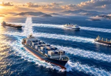 Greek merchant fleet grows as capacity declines Container ship leading a tanker, passenger ferry and cargo vessel across Greek waters, with white wakes forming the Greek flag.